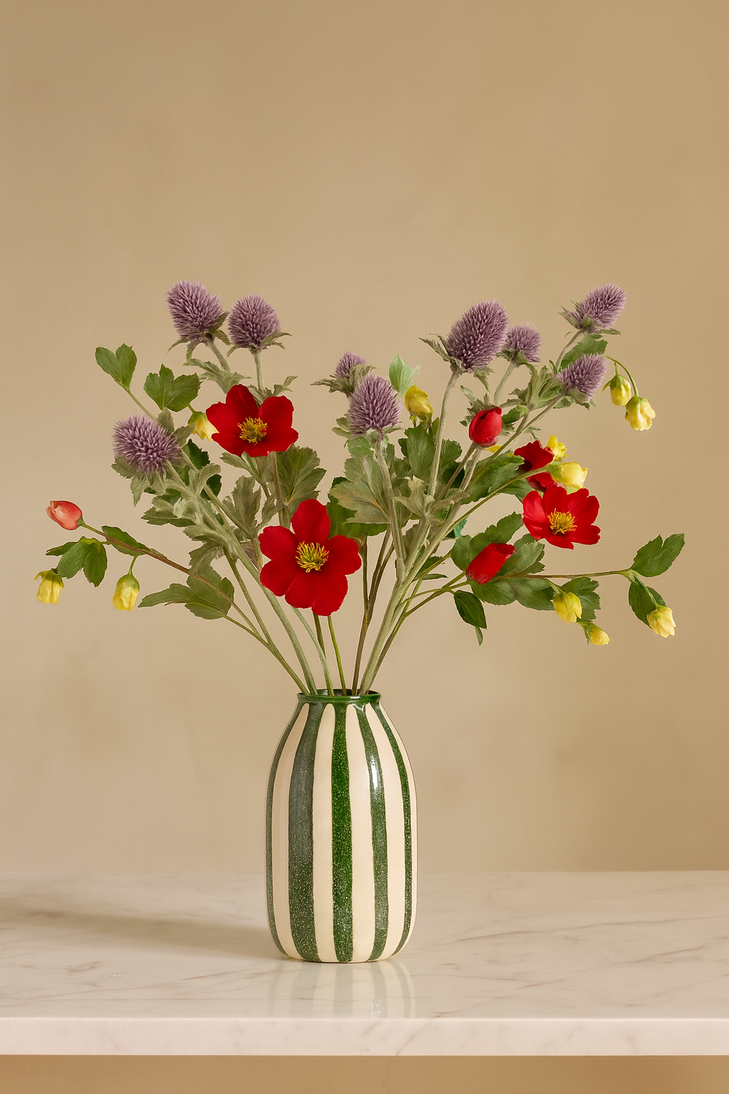 Composition chardon et hellébore rouge dans vase rayé vert