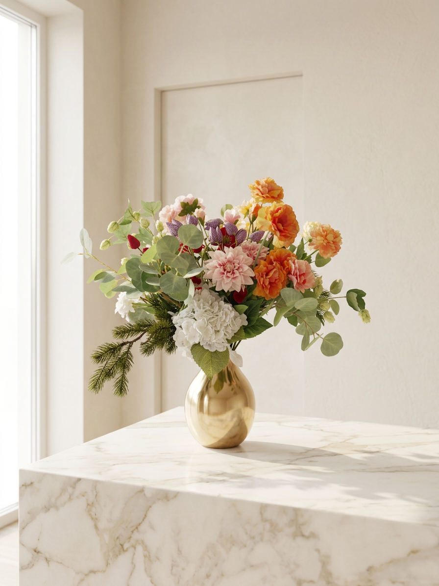 Bouquet de fleurs artificielles Real Touch dans vase doré